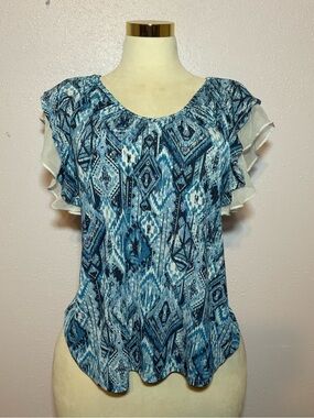 CURE. Blue Ikat-Print Ruffle Sleeve Blouse, size M